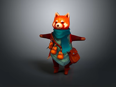Anthropomorphic Red Panda Character With Blue Scarf Green Outfit Brown Backpack And Outstretched Arms 3d model