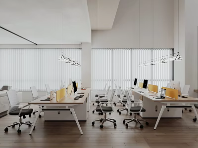 Modern Open Public Office Space With Long Desks Chairs Yellow Dividers Large Windows Hanging Lights 3d model