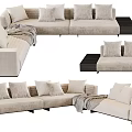 Modern Beige Sectional Sofa Design With Plush Cushions Throw Blanket And Side Table 3d model
