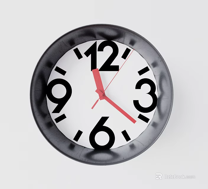 Round Wall Clock With Black Frame White Dial And Red Hands 3d model