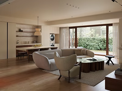 Modern Living Dining Room Interior With Open Concept Sofa Wooden Coffee Table And Dining Chairs 3d model