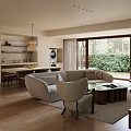 Modern Living Dining Room Interior With Open Concept Sofa Wooden Coffee Table And Dining Chairs
