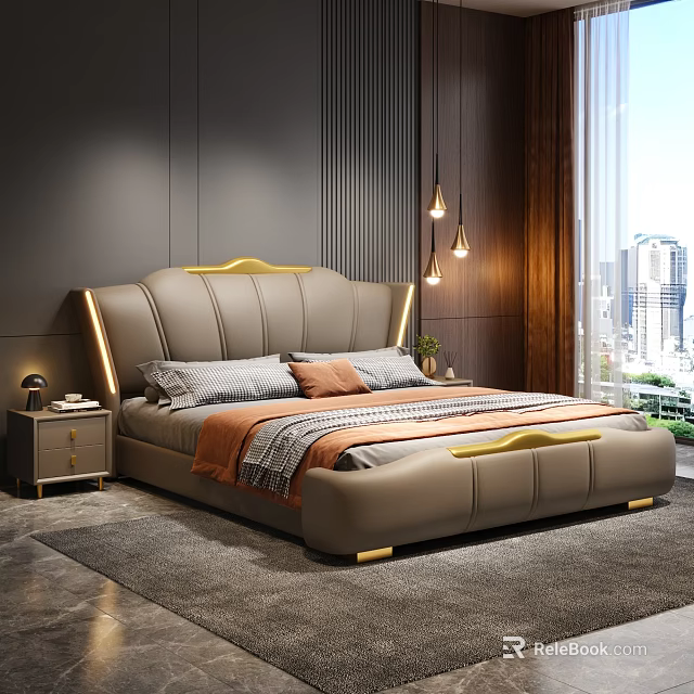 Modern Leather Double Bed with Gray Headboard Gold Accents Nightstand Lamp Floor-to-Ceiling Window City View 3d model 