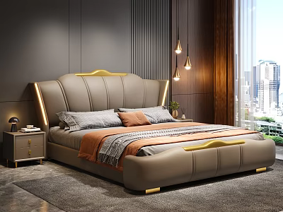 Modern Leather Double Bed with Gray Headboard Gold Accents Nightstand Lamp Floor-to-Ceiling Window City View 3d model