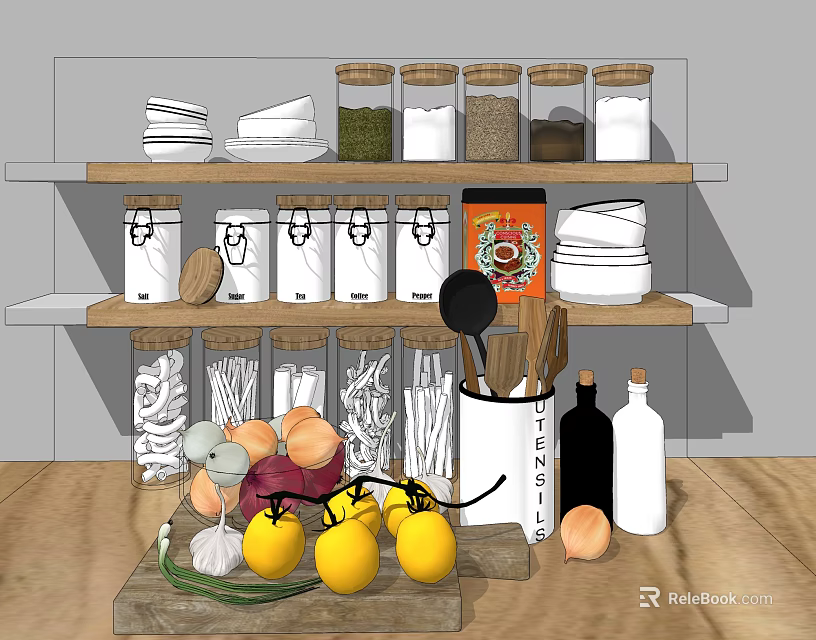 Kitchen Utensils in Container on Wooden Shelves with Jars Dishes and Fresh Vegetables 3d model 