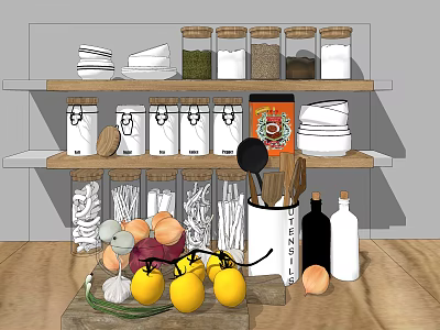 Kitchen Utensils in Container on Wooden Shelves with Jars Dishes and Fresh Vegetables 3d model