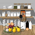 Kitchen Utensils in Container on Wooden Shelves with Jars Dishes and Fresh Vegetables