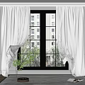 White Sheer Curtains Hanging On Double Window With Indoor Green Plants And Decor
