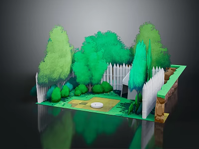 Cartoon Scene With Green Trees White Fence Circular Area And Grass 3d model