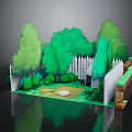 Cartoon Scene With Green Trees White Fence Circular Area And Grass
