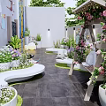Courtyard Garden With Curved Flower Beds Colorful Decorations And Lush Green Plants