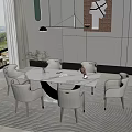 Modern Dining Table Set With Marble Top Six Light Gray Chairs And Modern Wall Art 3d model