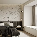 Modern Bedroom Interior Design With Geometric Patterned Wall Dark Headboard And Nightstands 3d model
