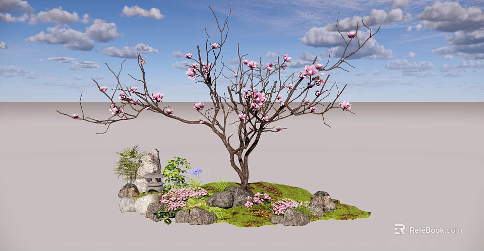 Charming Garden Decor with Pink Flowering Tree Rockery Small Pink Flowers and Green Plants 3d model 
