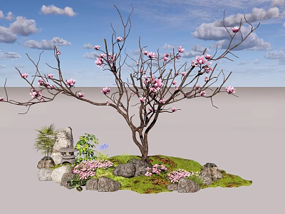 Charming Garden Decor with Pink Flowering Tree Rockery Small Pink Flowers and Green Plants 3d model