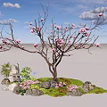 Charming Garden Decor with Pink Flowering Tree Rockery Small Pink Flowers and Green Plants