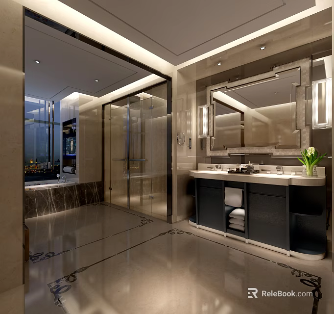 Luxury Modern Bathroom Interior With Polished Marble Flooring Double Sink Vanity And Glass Shower Enclosure 3d model 