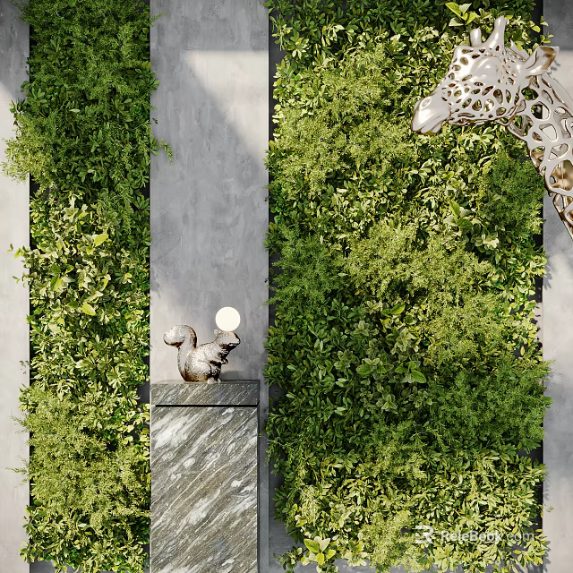 Lush Green Living Wall with Gray Wall Marble Countertop and Squirrel Decoration 3d model 