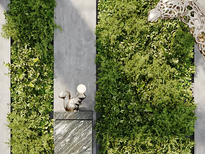 Lush Green Living Wall with Gray Wall Marble Countertop and Squirrel Decoration 3d model