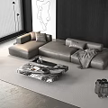 Modern Minimalist Gray Leather Sofa and Marble Coffee Table Set for Living Room