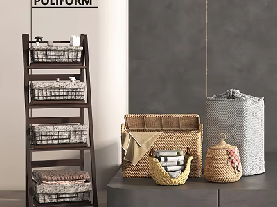 Stylish Bathroom Accessories With Ladder Shelf Storage Baskets And Towels For Organization 3d model
