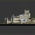 Detailed Ancient Castle Model with Medieval Towers Fortified Walls and Green Landscape