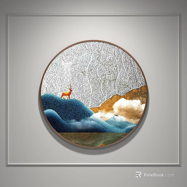Circular Decorative Art With Deer On Blue Wavy Background White Texture Golden Clouds Brown Frame 3d model 