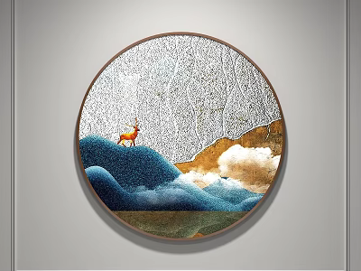 Circular Decorative Art With Deer On Blue Wavy Background White Texture Golden Clouds Brown Frame 3d model