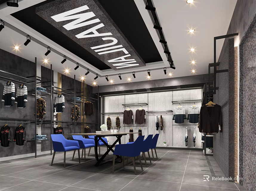 Modern Clothing Store Interior With Hanging Clothes Blue Chairs And Spotlights 3d model 