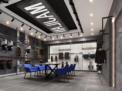 Modern Clothing Store Interior With Hanging Clothes Blue Chairs And Spotlights 3d model