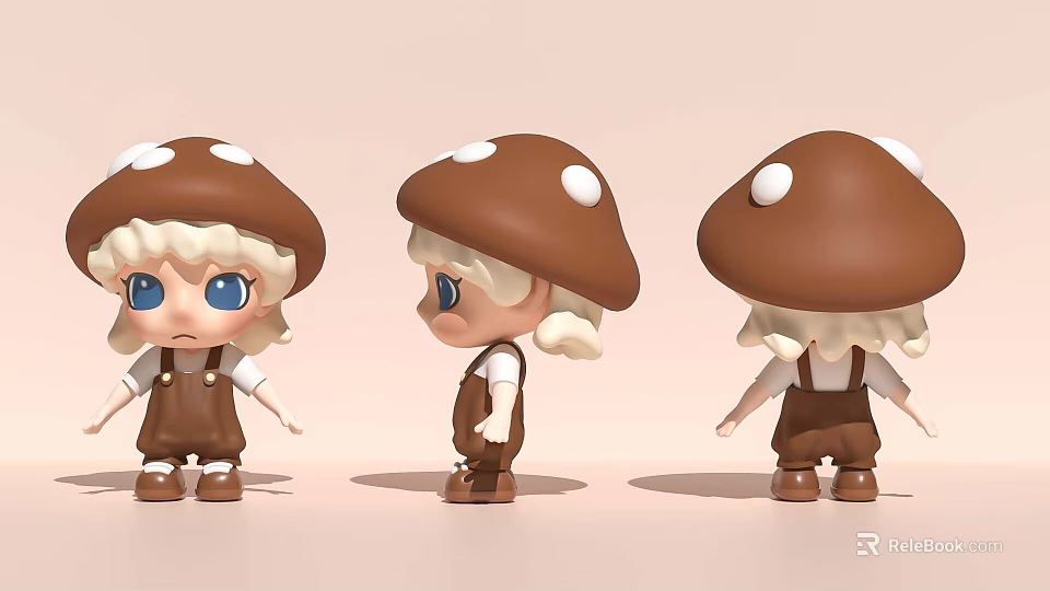 Decorative Ornament Set With Mushroom Head Doll Figures In Brown Overalls And Blue Eyes 3d model 