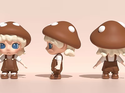 Decorative Ornament Set With Mushroom Head Doll Figures In Brown Overalls And Blue Eyes 3d model