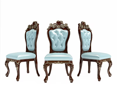 Elegant Classic Dining Chairs with Carved Back Light Blue Upholstered Seat and Dark Wooden Legs 3d model