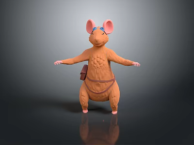Cute Brown Mouse 3D Model with Pink Ears Blue Glasses and Brown Bag Standing Pose 3d model