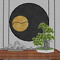 Wooden Console Table With Potted Plant Circular Decor And Screen Background 3d model