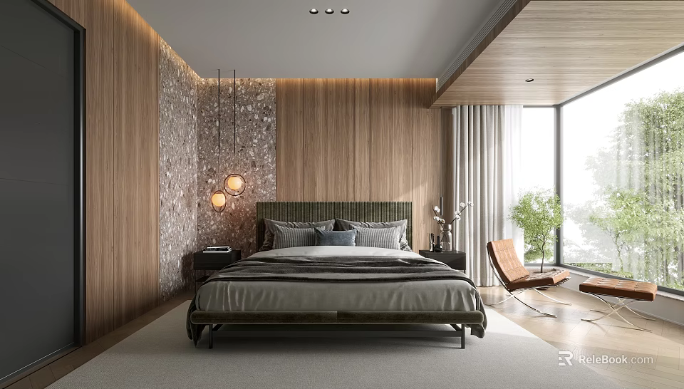 Elegant Modern Bedroom with Wooden Walls Green Headboard Hanging Lights Nightstands Armchair And Potted Plant 3d model 