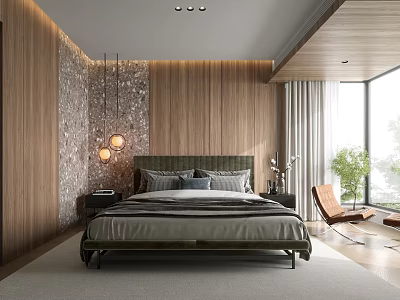 Elegant Modern Bedroom with Wooden Walls Green Headboard Hanging Lights Nightstands Armchair And Potted Plant 3d model