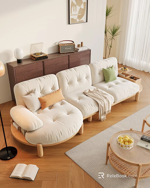 Cozy Cream Three Seater Sofa With Padded Seats Colorful Cushions Throw Blanket And Wooden Legs 3d model 