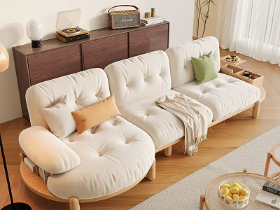 Cozy Cream Three Seater Sofa With Padded Seats Colorful Cushions Throw Blanket And Wooden Legs 3d model
