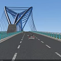 Modern Blue Cable Stayed Bridge With Cars Guardrails And Water Surface Under Sky