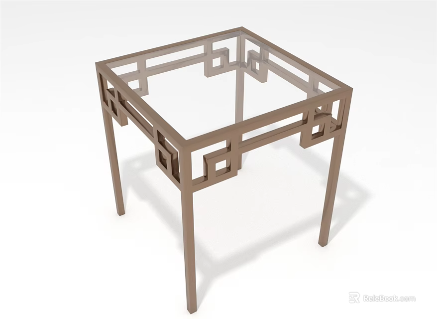 Square Table With Glass Top And Brown Metal Frame Featuring Traditional Patterns 3d model 