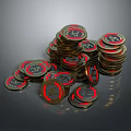 Stacked Coins with Red and Black Design and Symbol on Dark Background