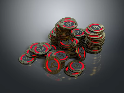 Stacked Coins with Red and Black Design and Symbol on Dark Background 3d model