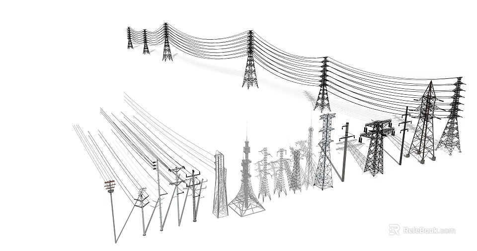 Different Types of Industrial Electrical Towers and Power Poles With Transmission Lines 3d model 