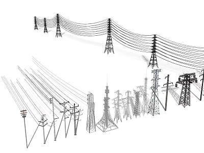 Different Types of Industrial Electrical Towers and Power Poles With Transmission Lines 3d model