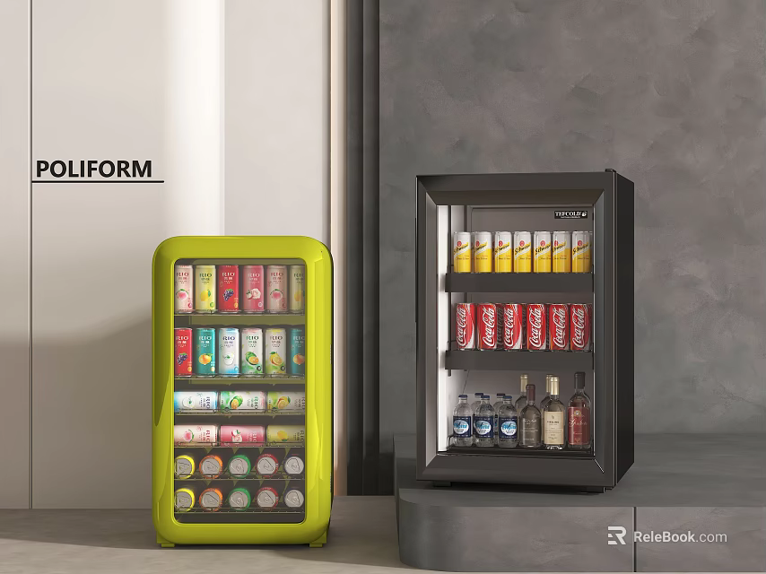 Poliform Green And Black Mini Fridges In Modern Interior Filled With Coca Cola Juices 3d model 