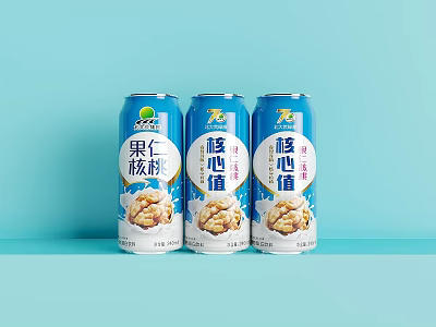 Walnut Peanut Flavored Beverage In Three Blue Cans With Label On Blue Background 3d model