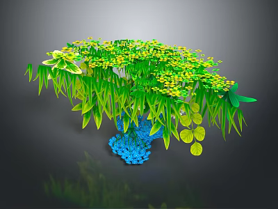Cartoon Scene With Lush Green Leaves Yellow Flowers And Blue Decorative Base 3d model