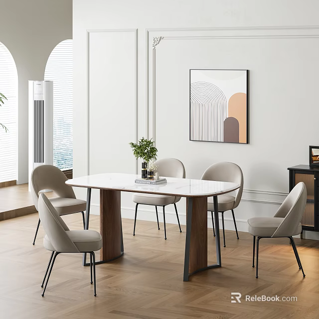 Modern Dining Table Set With White Top Four Gray Chairs Green Plant And Abstract Painting 3d model 