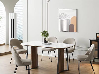 Modern Dining Table Set With White Top Four Gray Chairs Green Plant And Abstract Painting 3d model